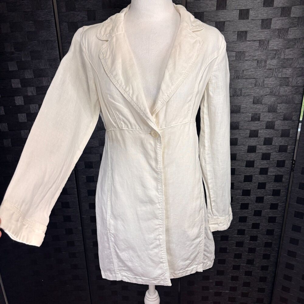 Women's 100% Linen Single Button Long Blazer Sz 36/S Ivory Pockets Career Preppy
